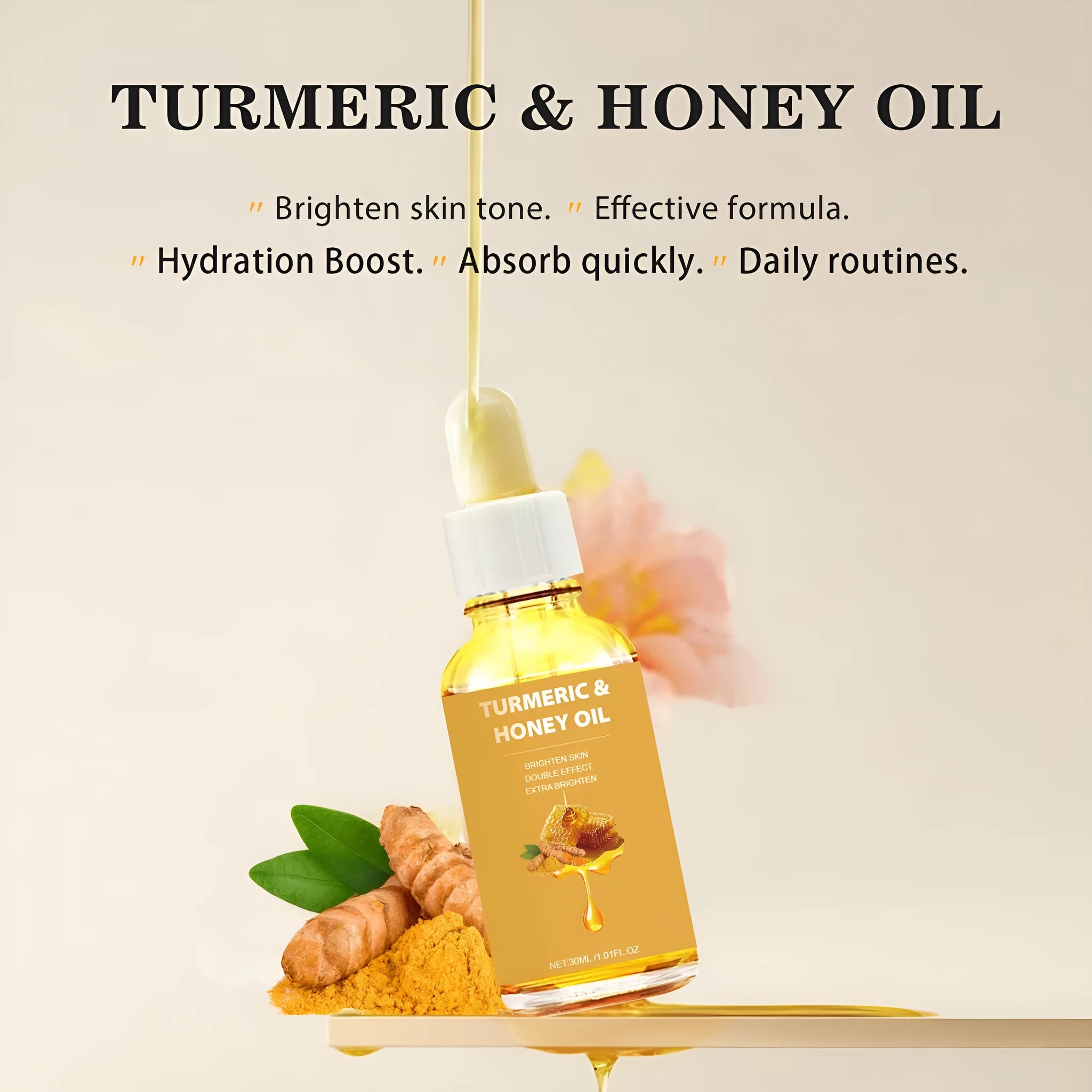 30ml bottle of turmeric honey essential oil with neutral packaging for facial beauty application