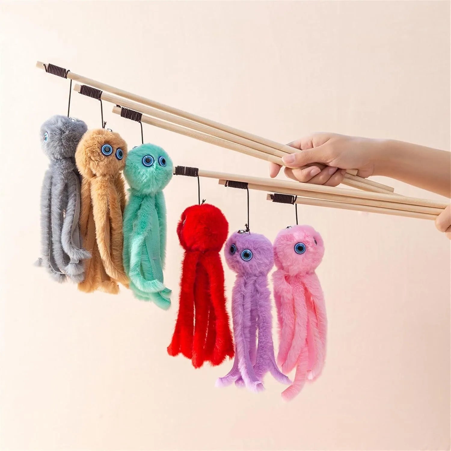 Octopus-themed cat toy with eyes on long 40cm stick for indoor cats