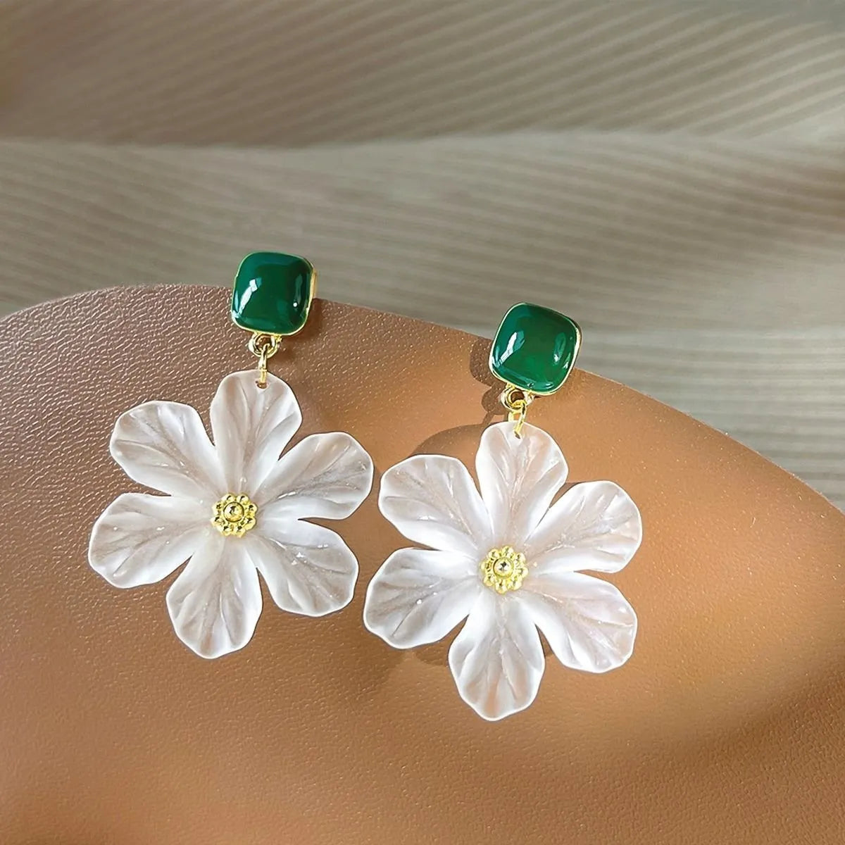 Dark green floral design alloy drop earrings for women with earwire fastening
