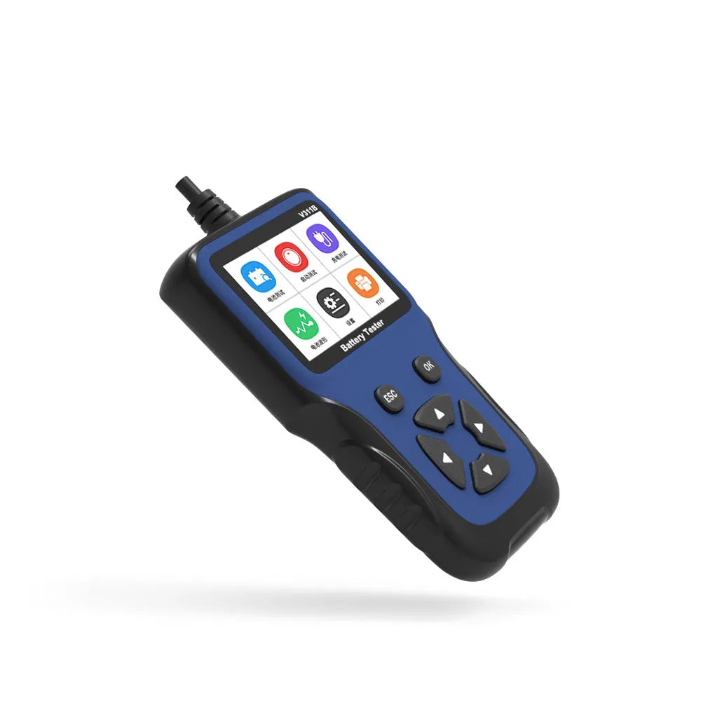 Car battery voltage tester with 2.8 inch colour screen, black and red alligator clips and 1m cable