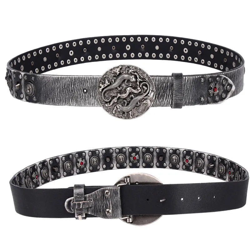 Men's genuine leather belt with an alloy buckle in retro black, shown with a length measurement.