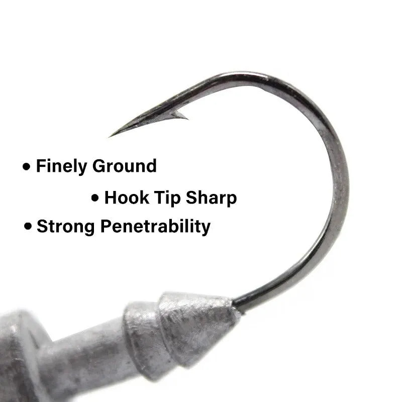 Yayu shaped lead head fishing jig hooks in blue, silver, and yellow, showing the fish-shaped design.