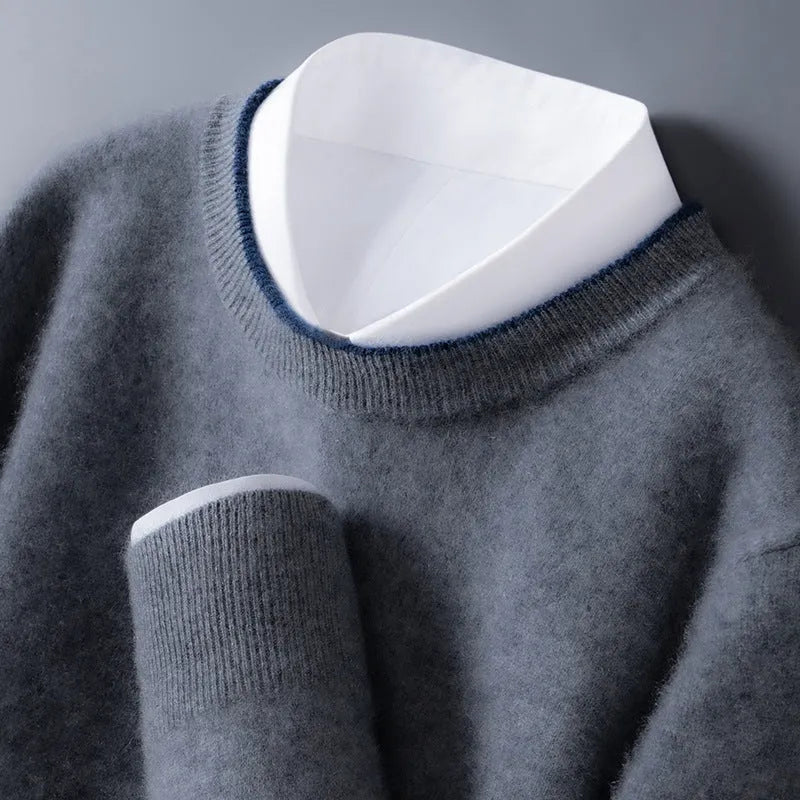 Men's loose fit woolen pullover sweater in dark gray, brown, and dark blue colour options