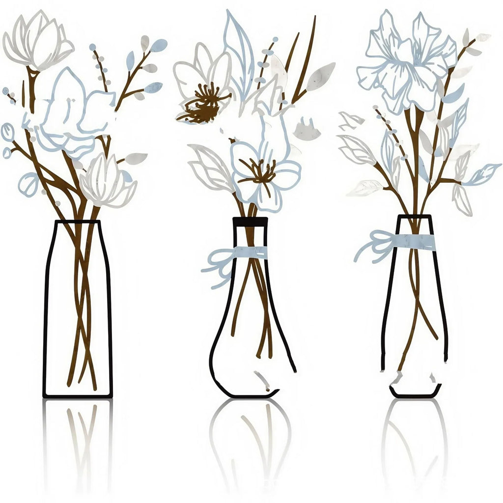 Three-piece metal flowers wall art set with rustic vase designs for country farmhouse décor