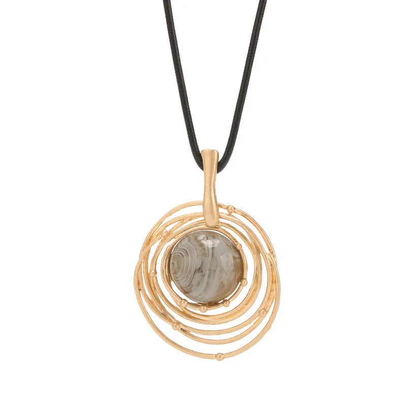 Vintage geometric plaid pendant necklace on snakeskin wax rope chain in gold finish