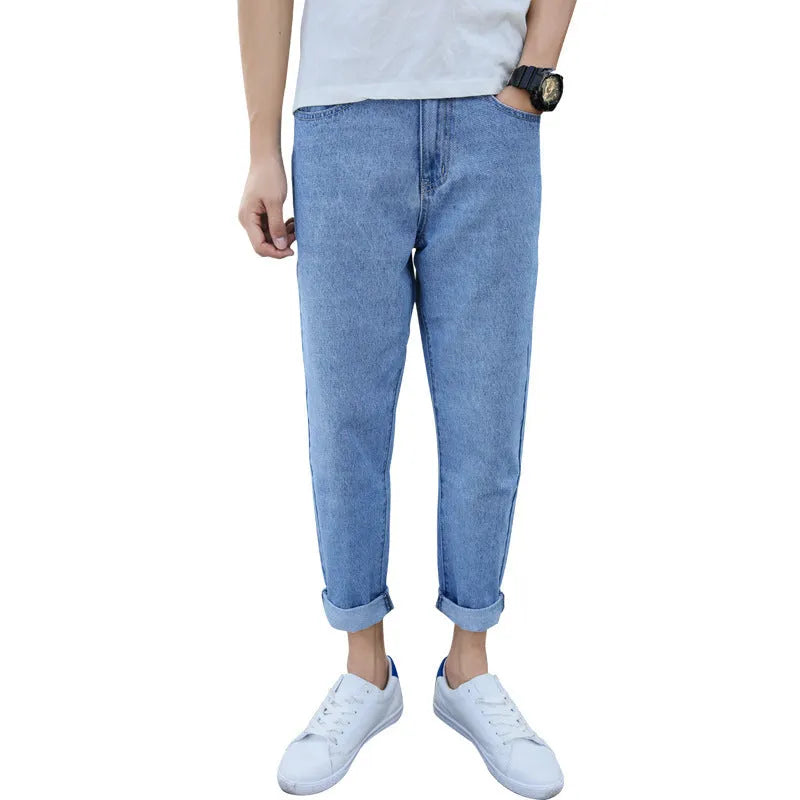 Men's loose straight leg jeans in black and blue colours showing straight cut and light straight leg opening