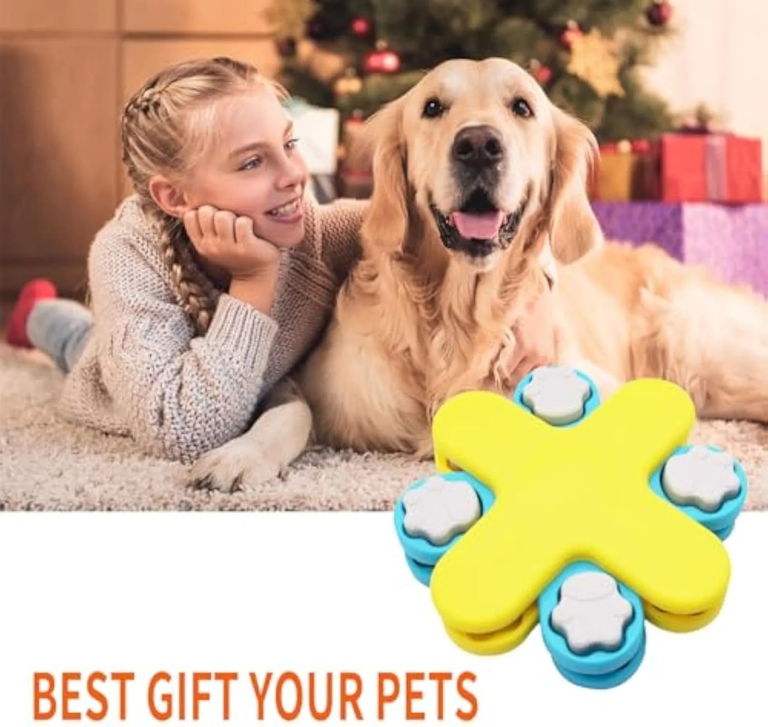 Yellow three-layer rotating dog puzzle feeder with claw-shaped lids and anti-slip base