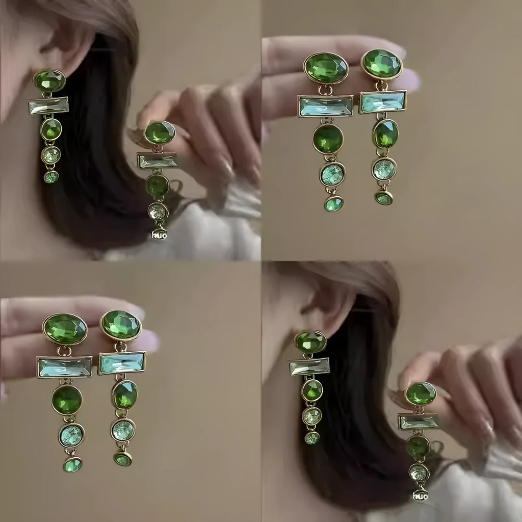 Green gradient geometric Chinese style earrings with zircon inlay and tassel details