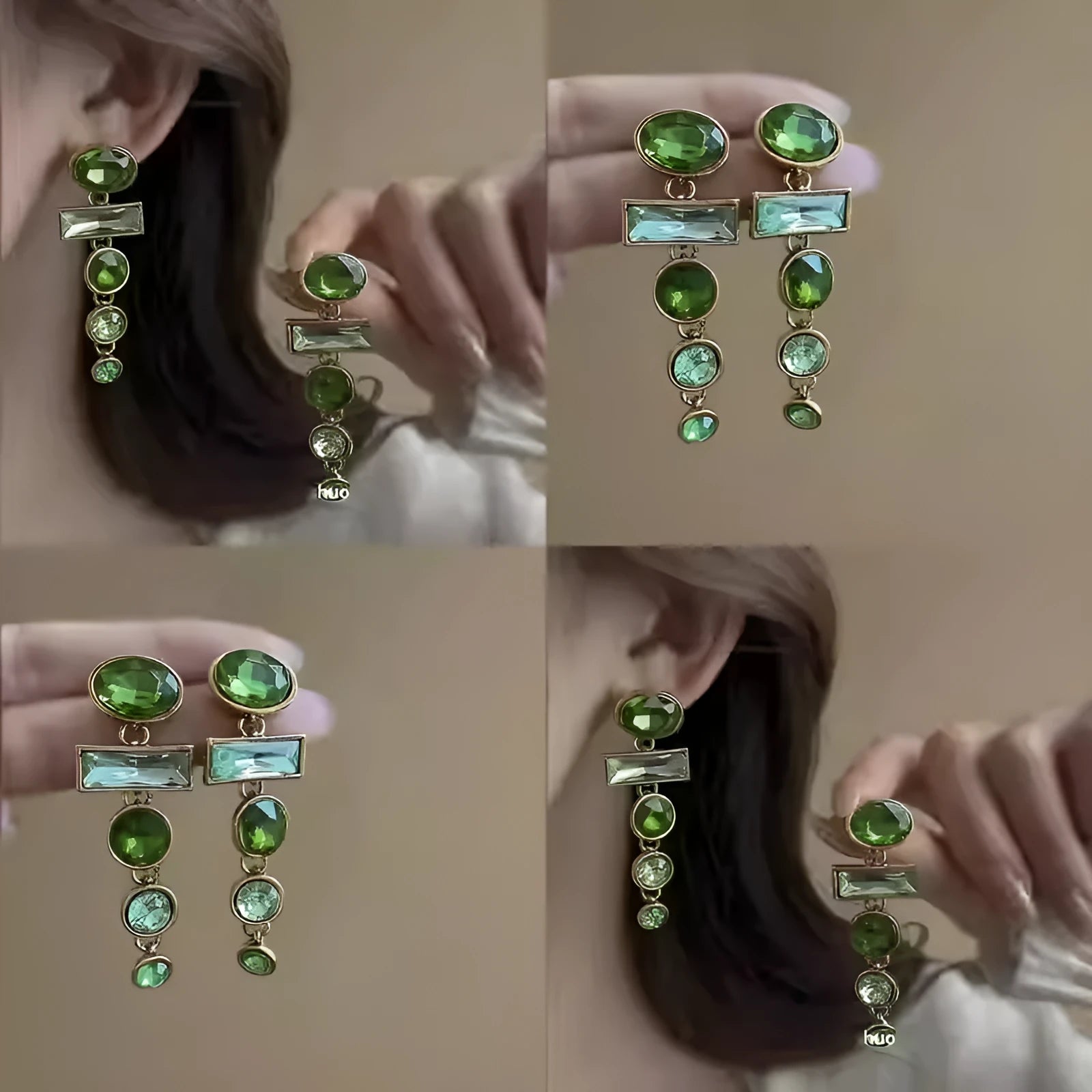 Green gradient geometric Chinese style earrings with zircon inlay and tassel details