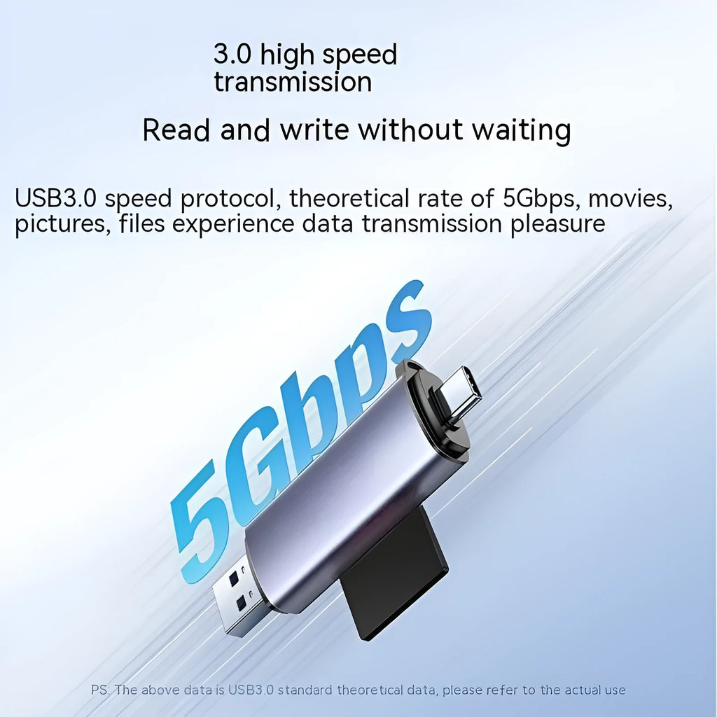 Multi-function SD to TF card reader with USB3.0 and Type-C interface, aluminium alloy or ABS body, 20 x 11 x 74 mm