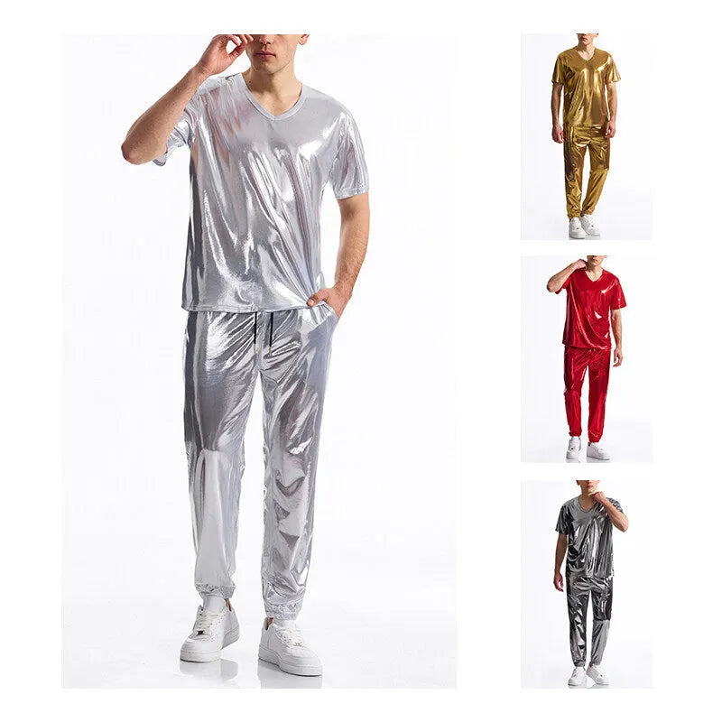 Men's bronzing disco suit set with short sleeve top and shorts in dark grey, silver, red or yellow, sizes S to 2XL