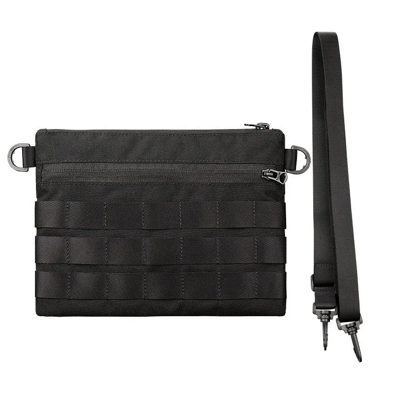 Black multifunctional outdoor kit made of Oxford cloth, measuring 18cm x 3.5cm, designed for military and camping use.