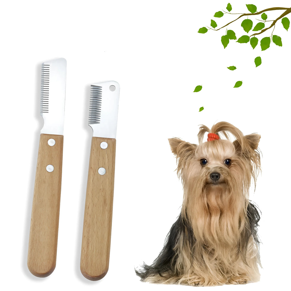 Pet stripping comb grooming tool with wood handle and metal teeth for dogs and cats.