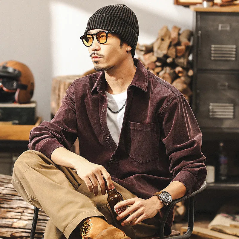 Men's retro corduroy shirt jacket in red or black with loose fit and long sleeves