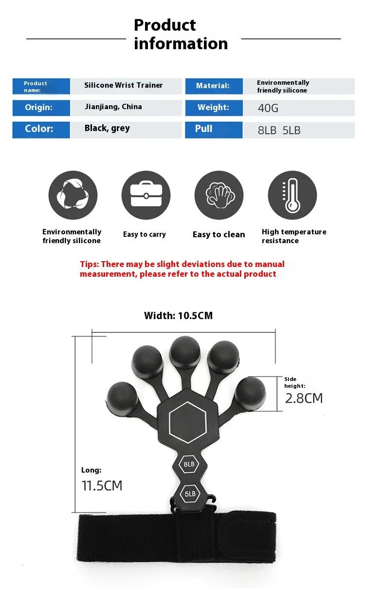 Men's silicone five-finger hand trainer in black or grey for adult grip and rehabilitation training