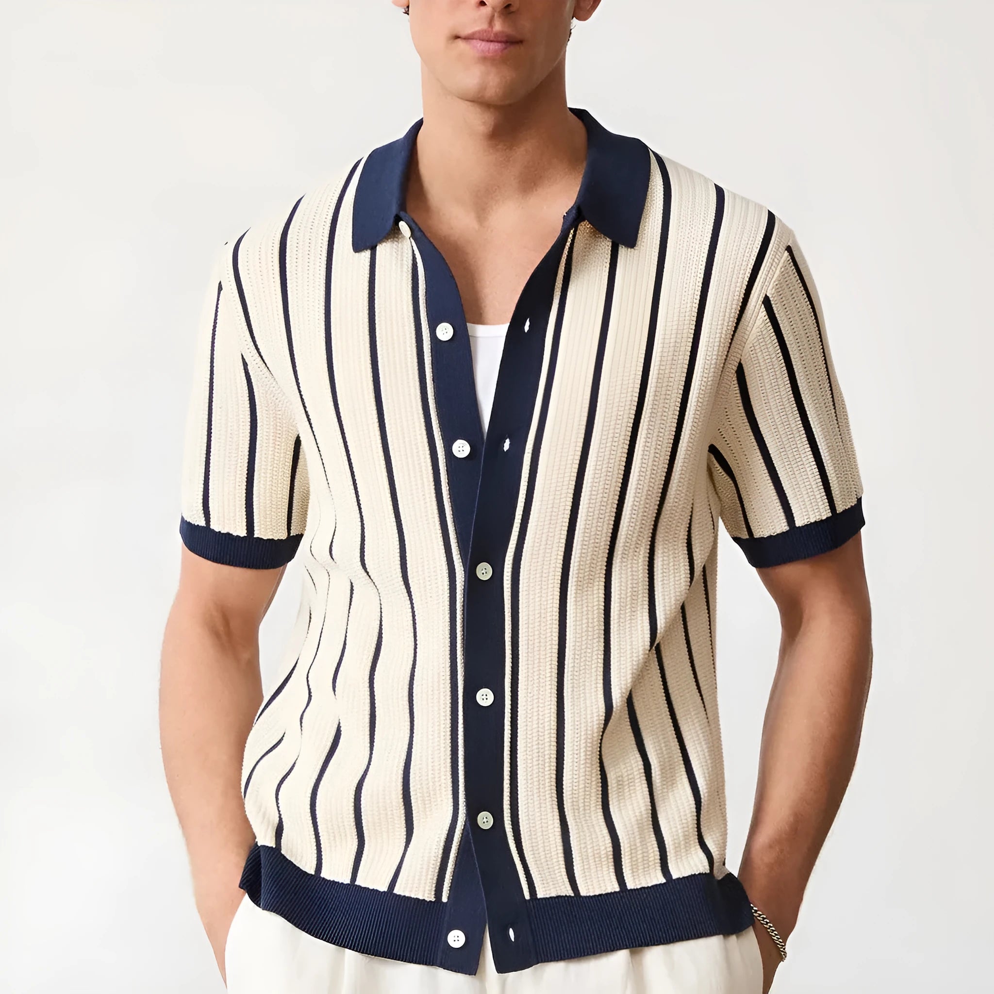 Men's white asymmetric knitted top with short sleeves and lapel neckline in British style
