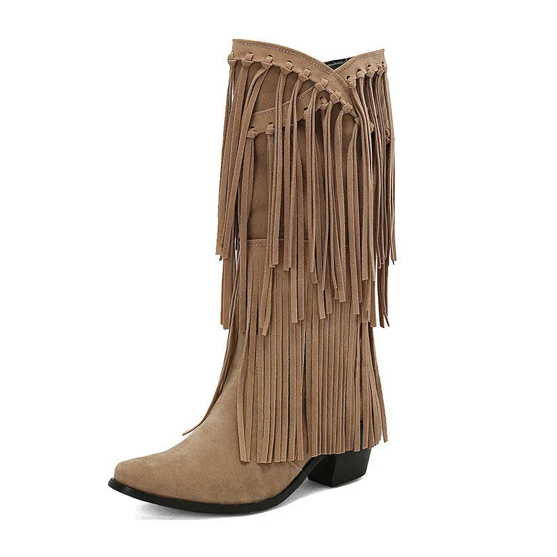 Women's suede mid-calf boots with tassel details and chunky rubber heel