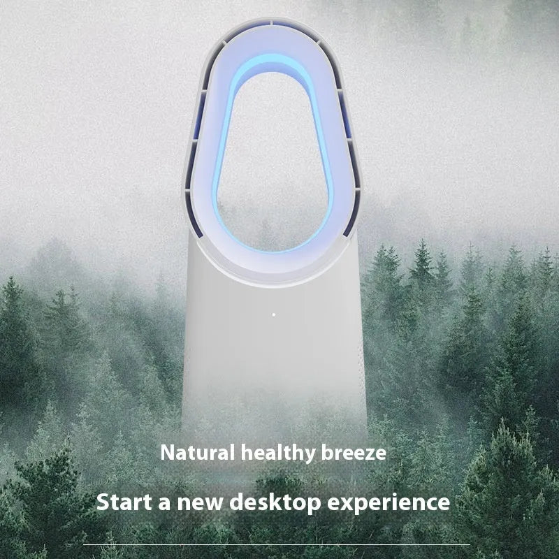 White SK bladeless tower floor fan with remote control on a wooden floor next to a desk.