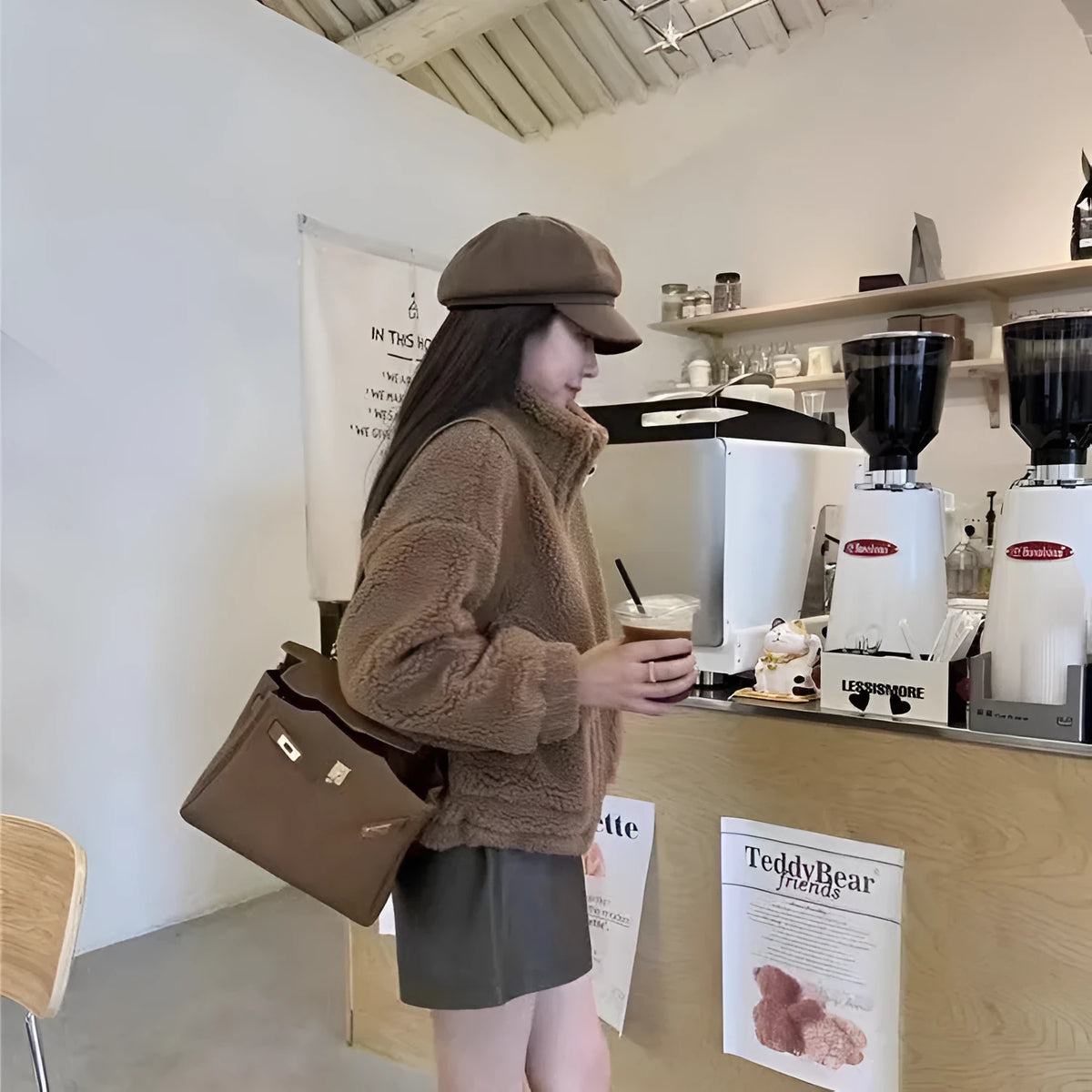 Top Long Sleeve Faux Cashmere Stand Collar Small Coat in Brown for Women