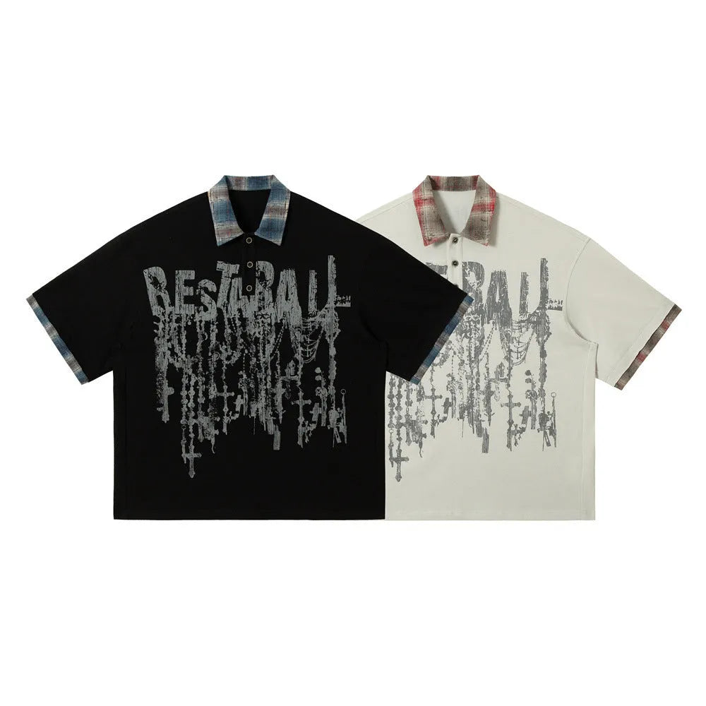 Men's loose fit short-sleeved cotton top with asymmetric graffiti printing on the lapel, in wild red colour.
