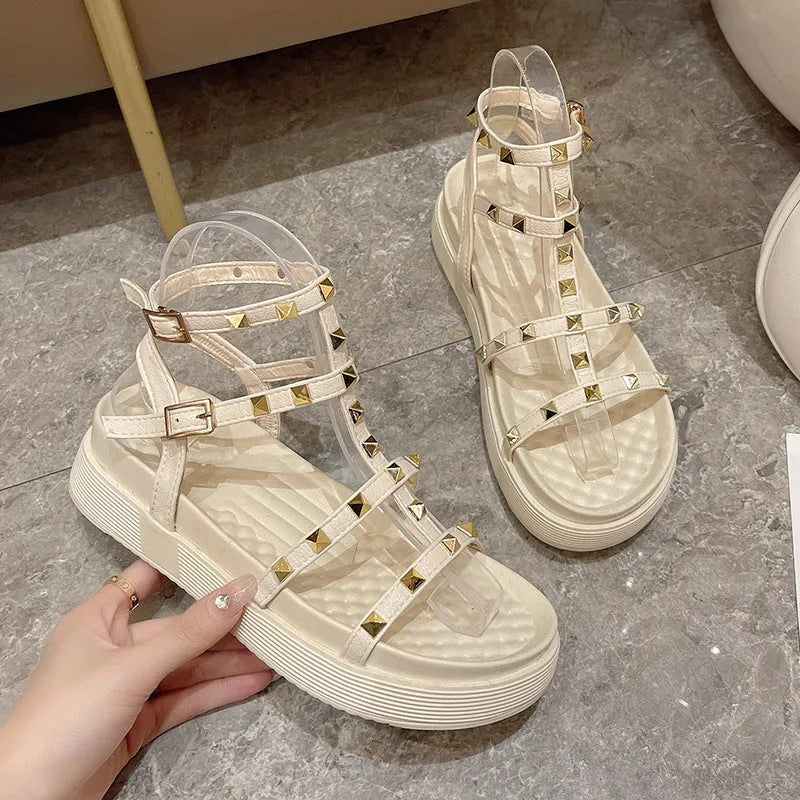 Beige Fairy Style Roman sandals for women with round toe, rivet platform, and ankle buckle closure.