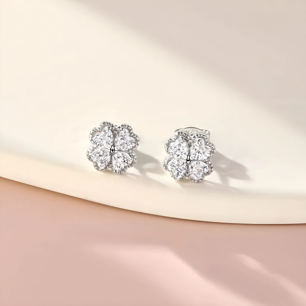 Women's white gold colour heart-shaped 925 silver earrings with zircon stones and four-leaf clover design