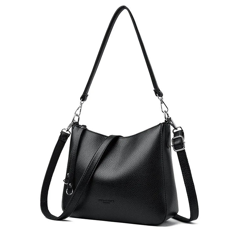 Genuine leather shoulder crossbody bag, soft horizontal square, six colours, metal and belt decoration
