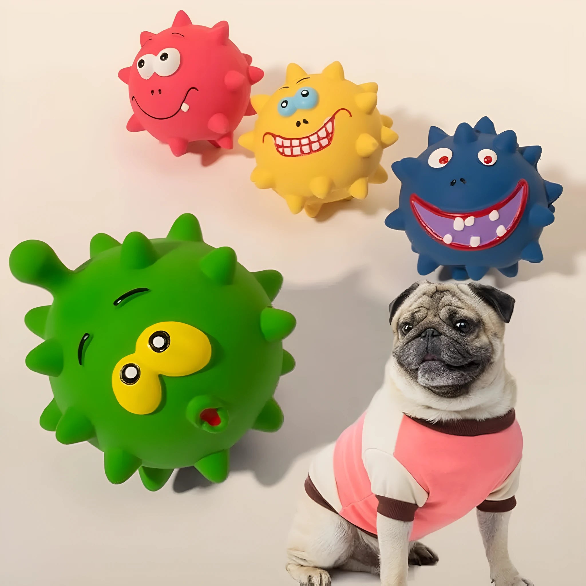 Set of four colourful squeaky latex dog balls with cute faces, shown next to a dog.