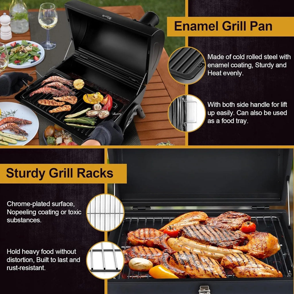 Small folding desktop charcoal barbecue grill with smoking device on a table.