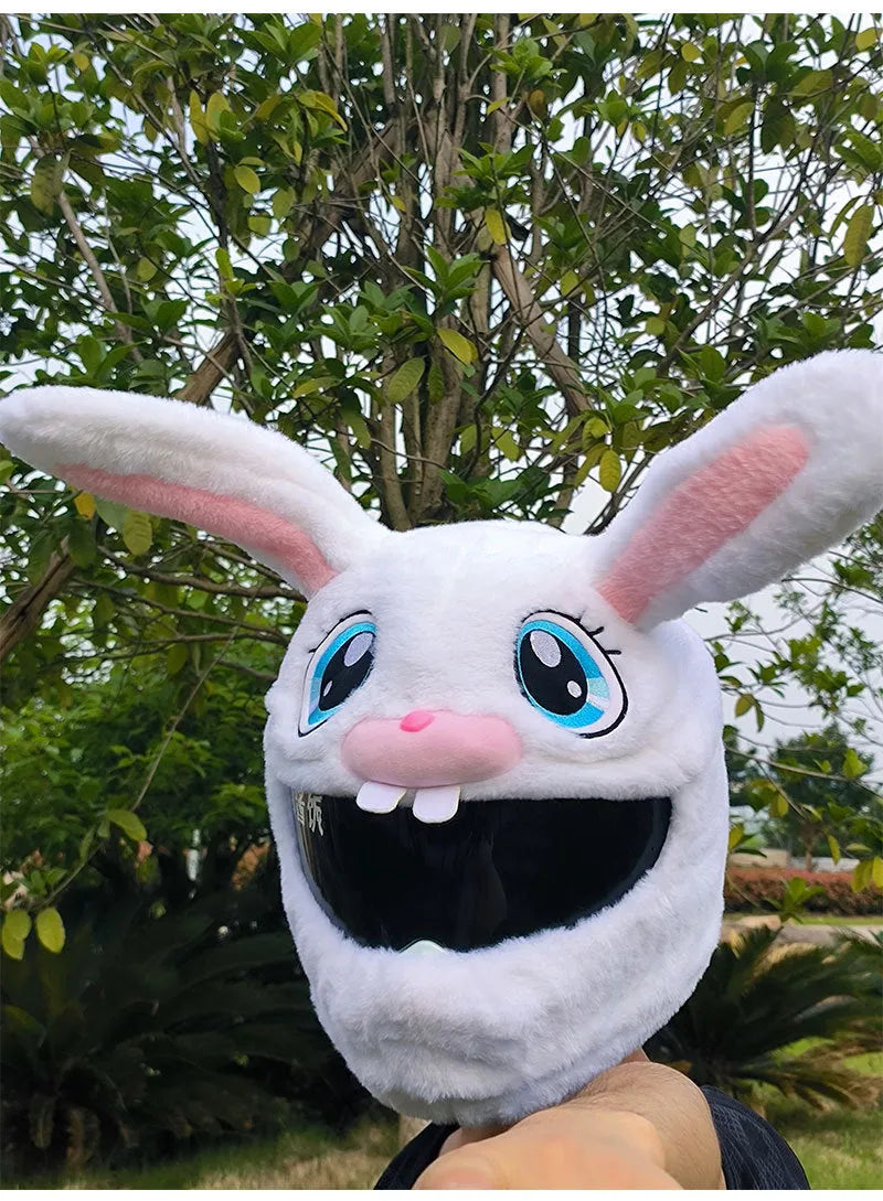 White decorative rabbit head helmet cover with long ears made from plush PP cotton for motorcycle protection