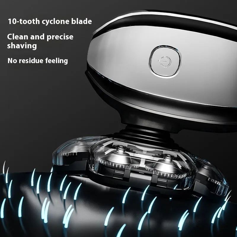 Black 6-in-1 rechargeable haircut suit with shaver, clipper, trimmer, and attachments on a stand.