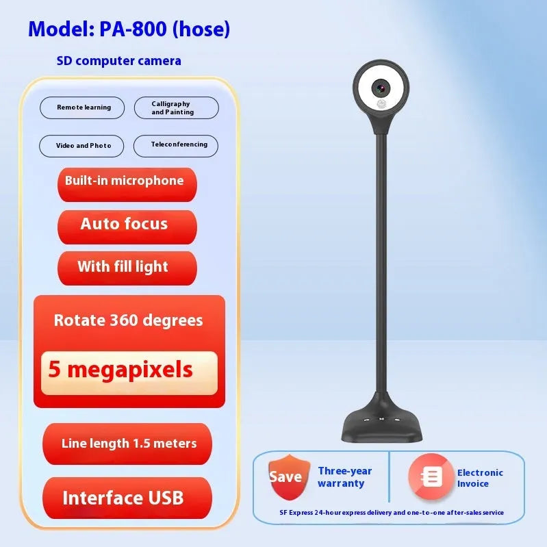 Computer webcam with microphone showing USB cable connection and lens detail