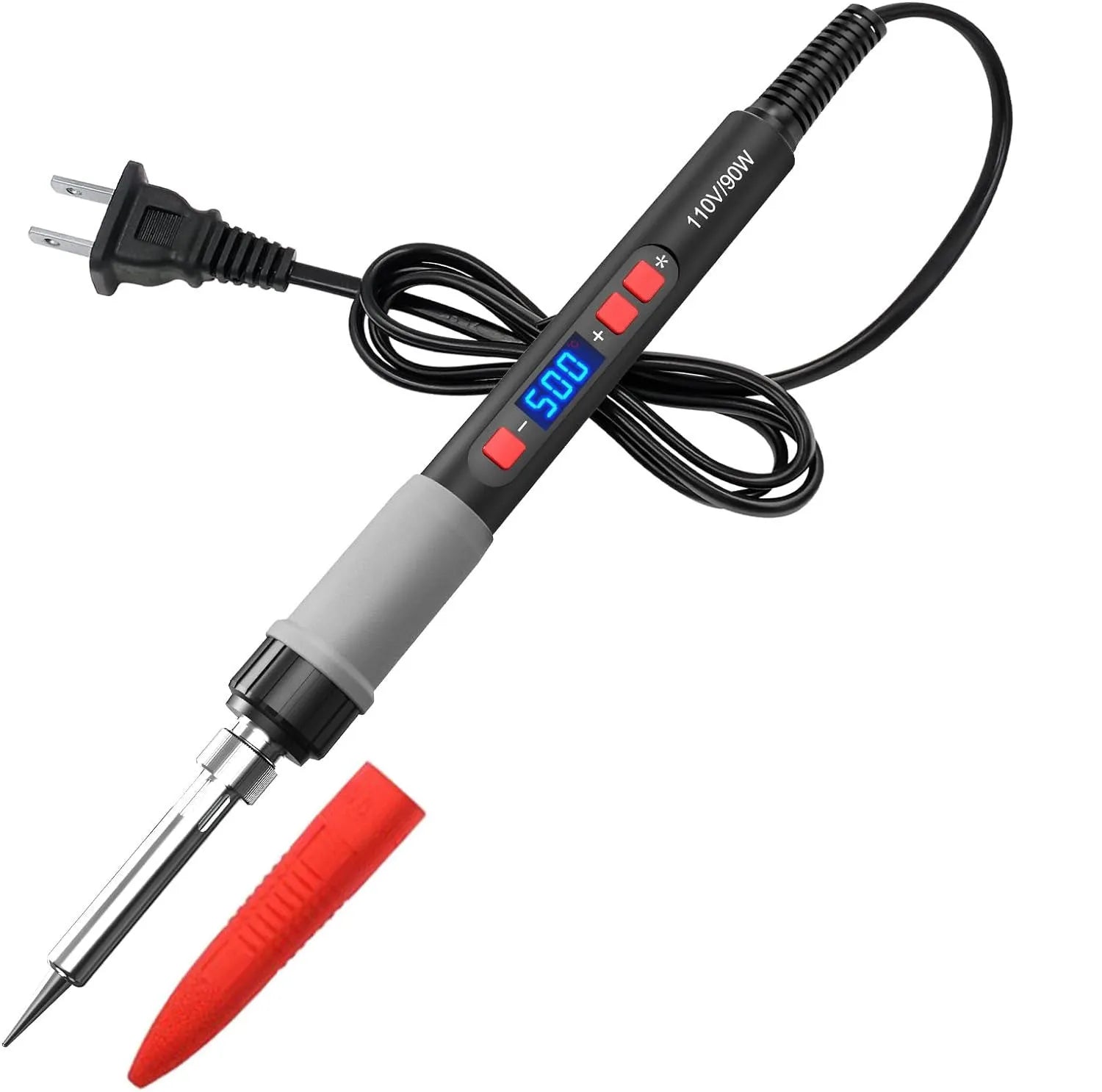 Grey 90W soldering iron kit with ceramic heating core, five tips, and accessories on a workbench.