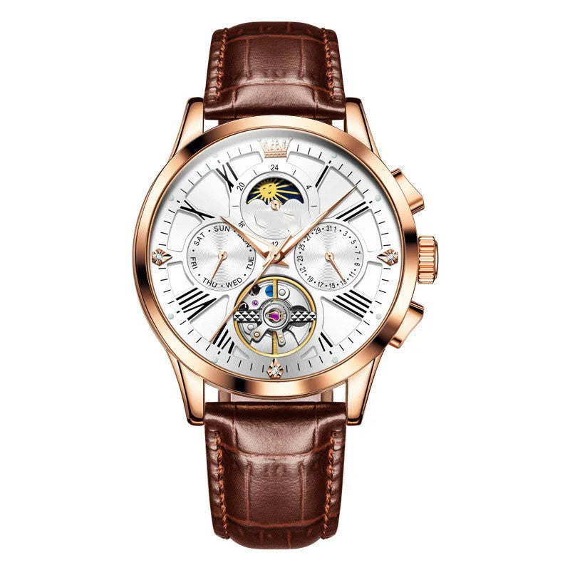 Men's automatic mechanical watch with 40.5mm case, genuine leather strap, stainless steel buckle, brown or black options