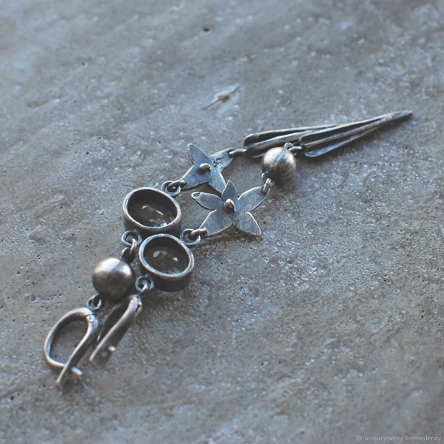 Geometric antique silver plated earrings with long XINGX pendant and rhinestone details