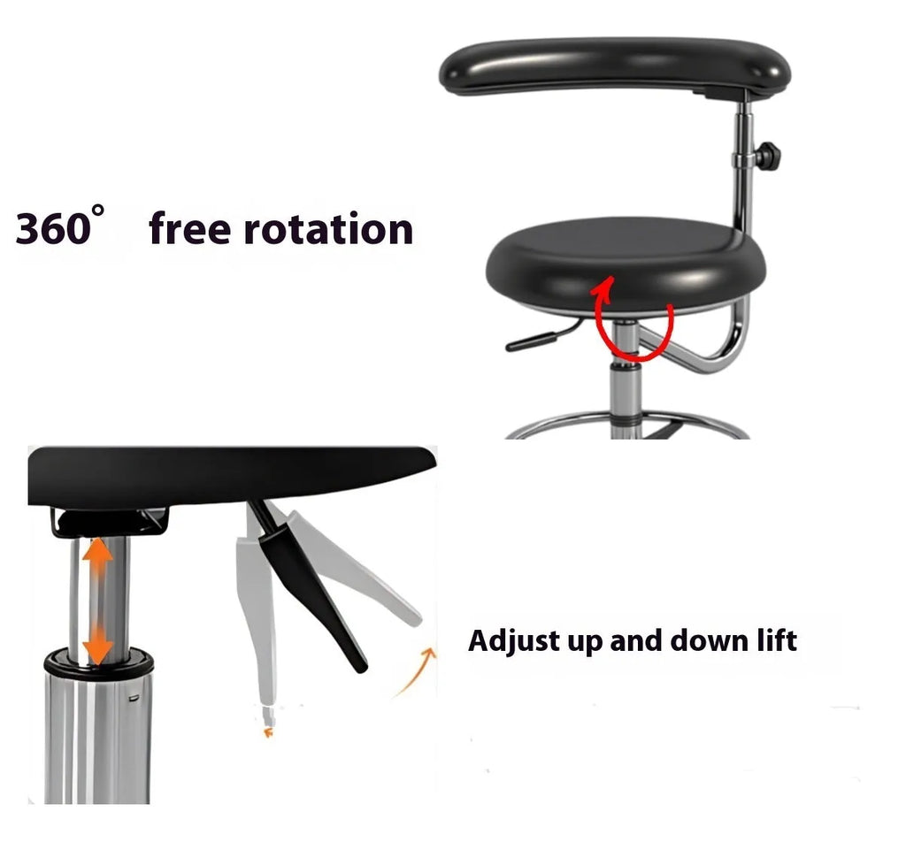 Black leather dental patient chair with hydraulic foot pump mechanism for height adjustment