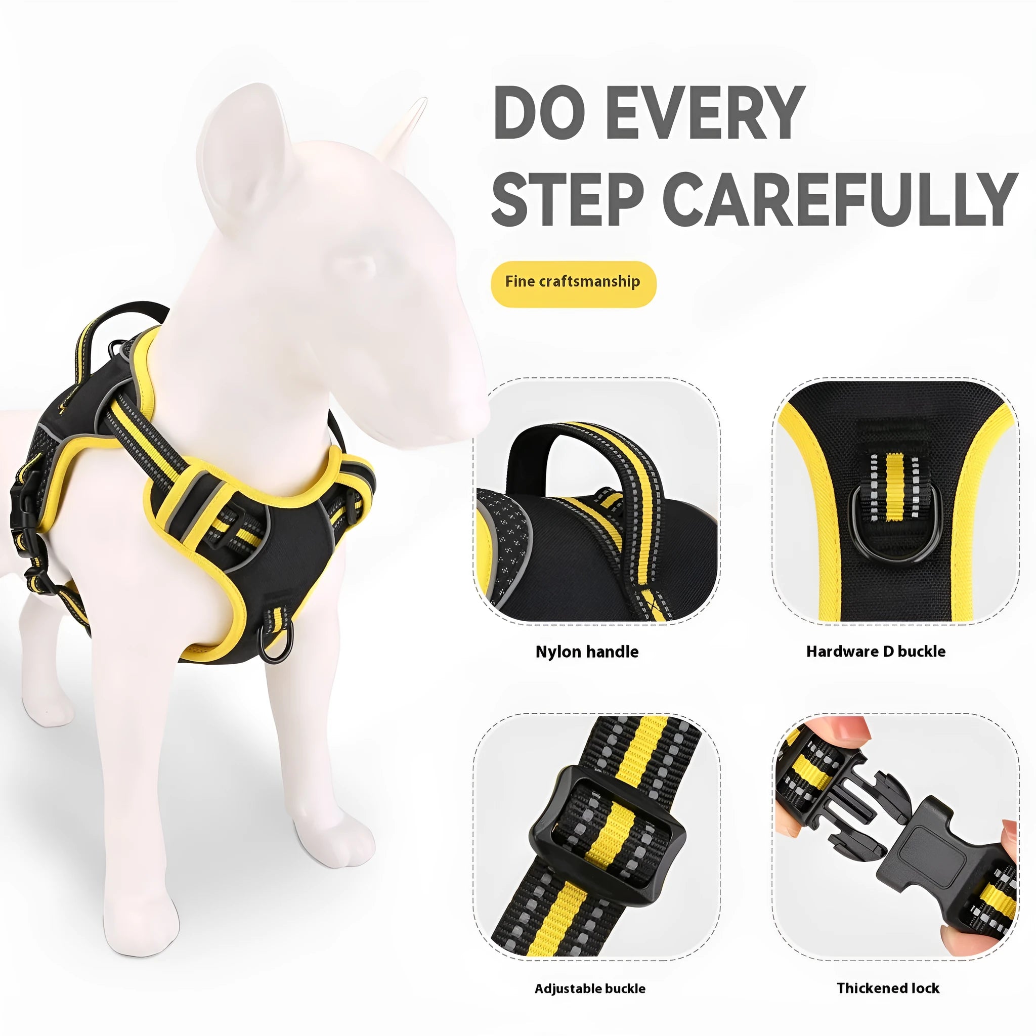 Yellow and orange polyester dog harness and lead set shown in three sizes: small, medium, and large.
