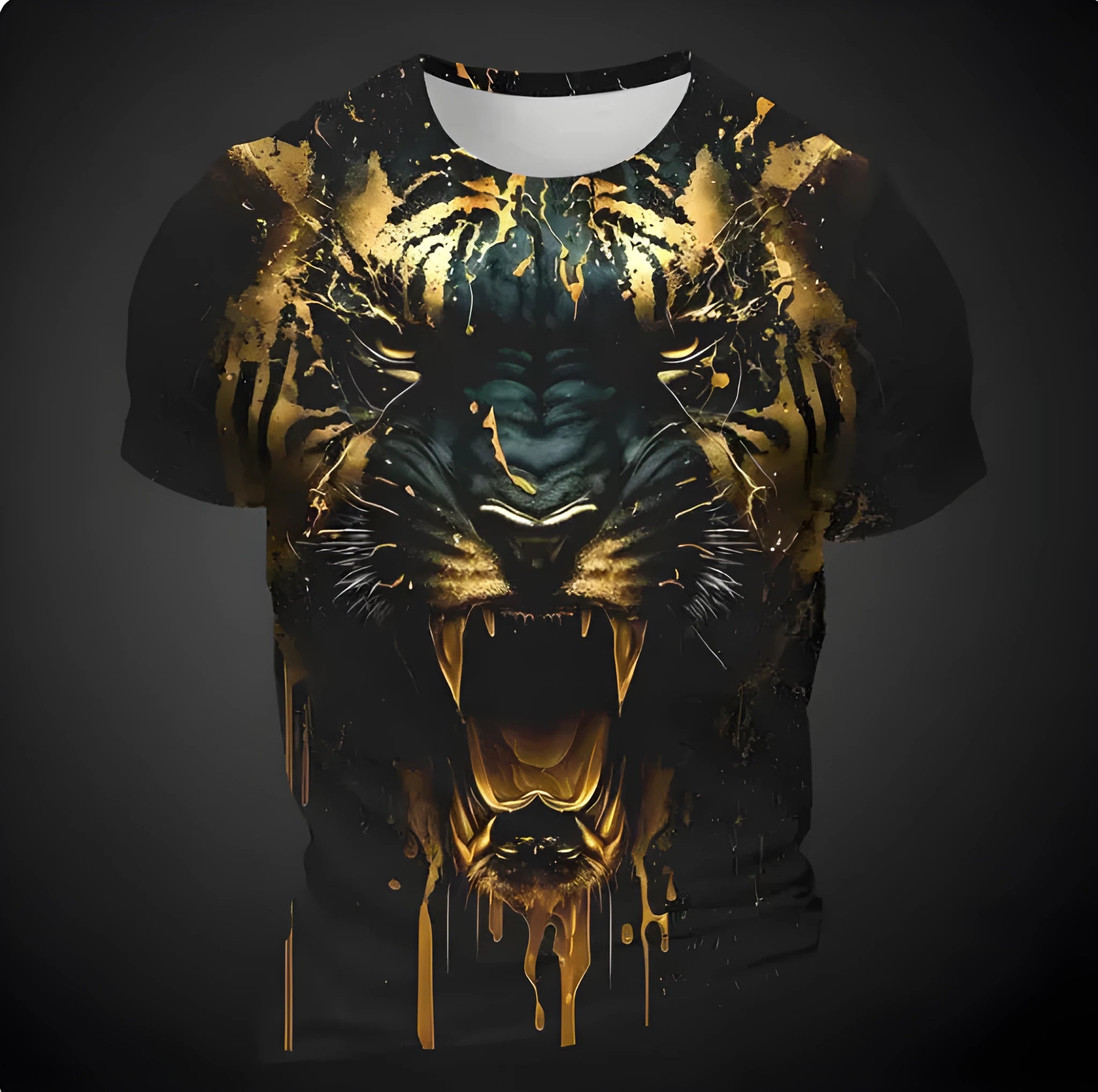 Men's grey T-shirt featuring a large, realistic 3D digital print of a tiger's face on the front.