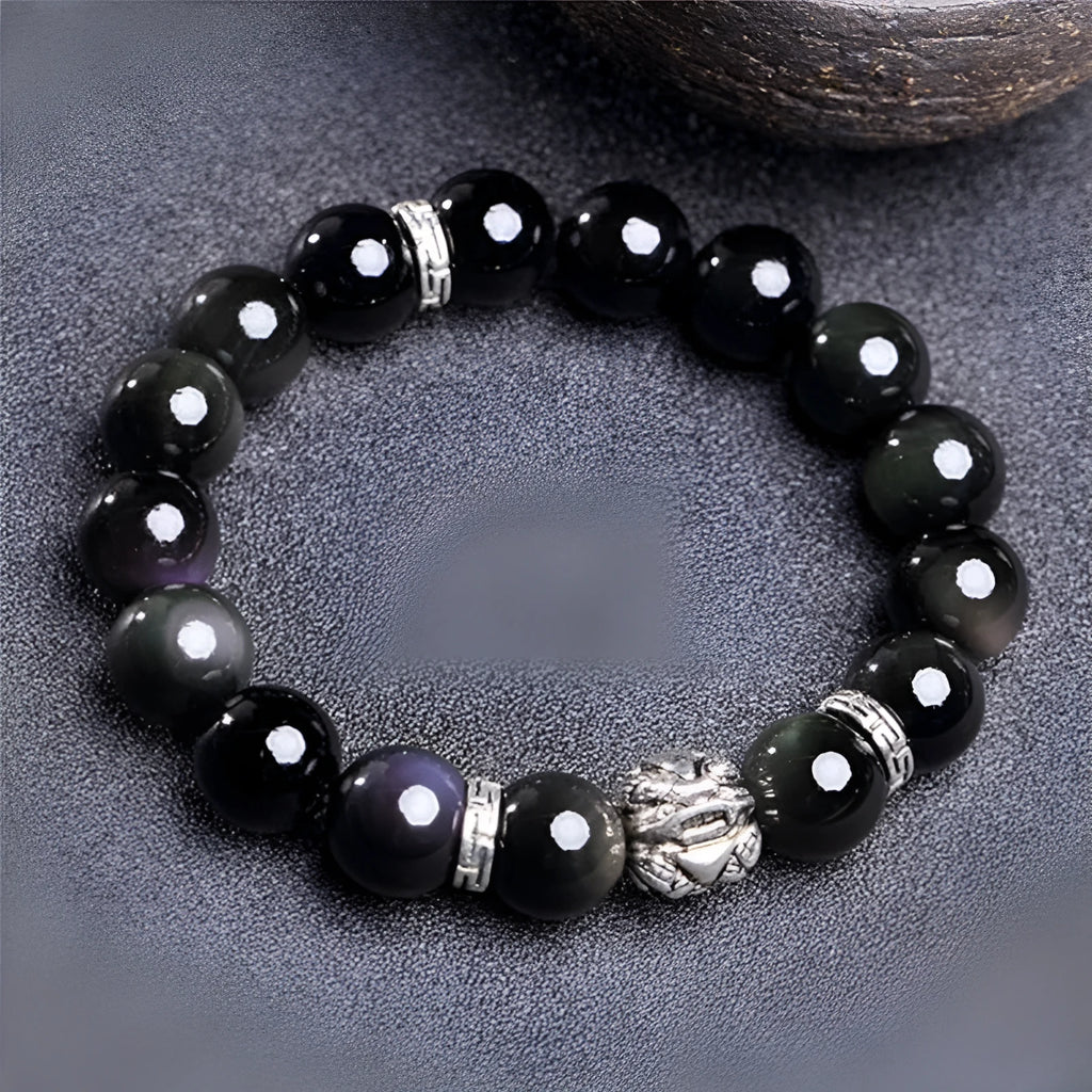 Natural obsidian bracelet with 999 silver components in male 12mm and female 10mm sizing options