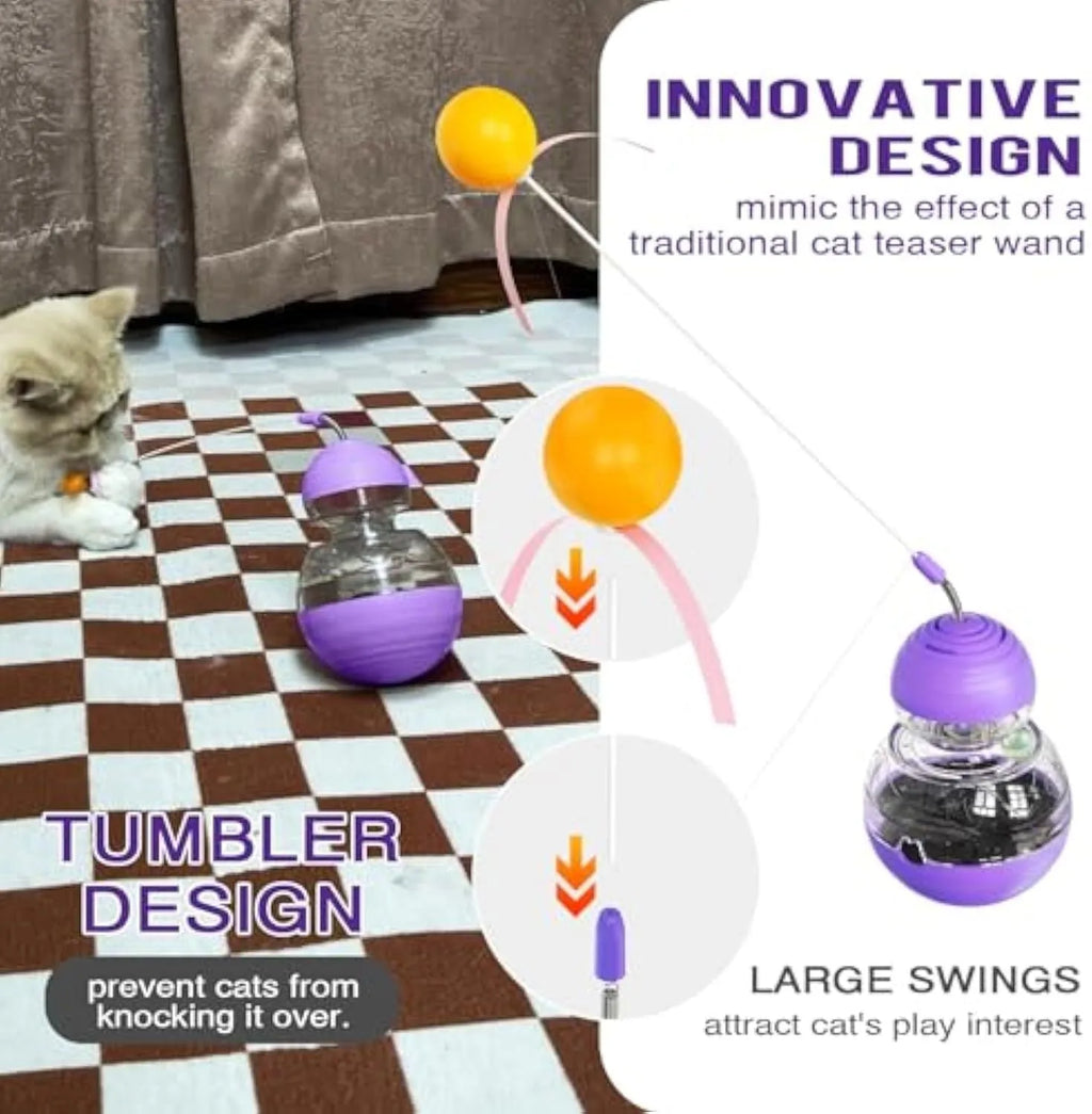 Green and purple interactive cat wand toy with a ribbon, ball, and slow feeder bowl on a stable rocking base.