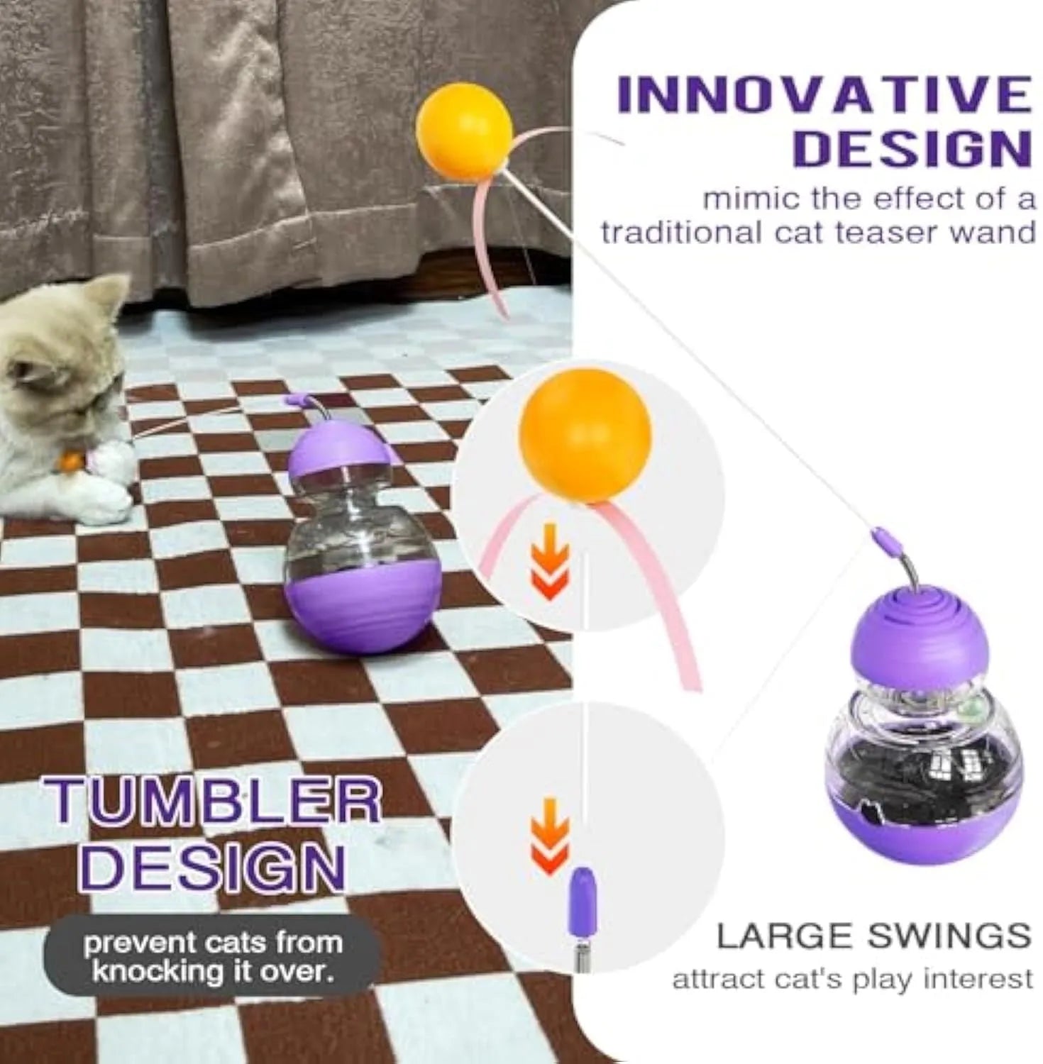 Green and purple interactive cat wand toy with a ribbon, ball, and slow feeder bowl on a stable rocking base.
