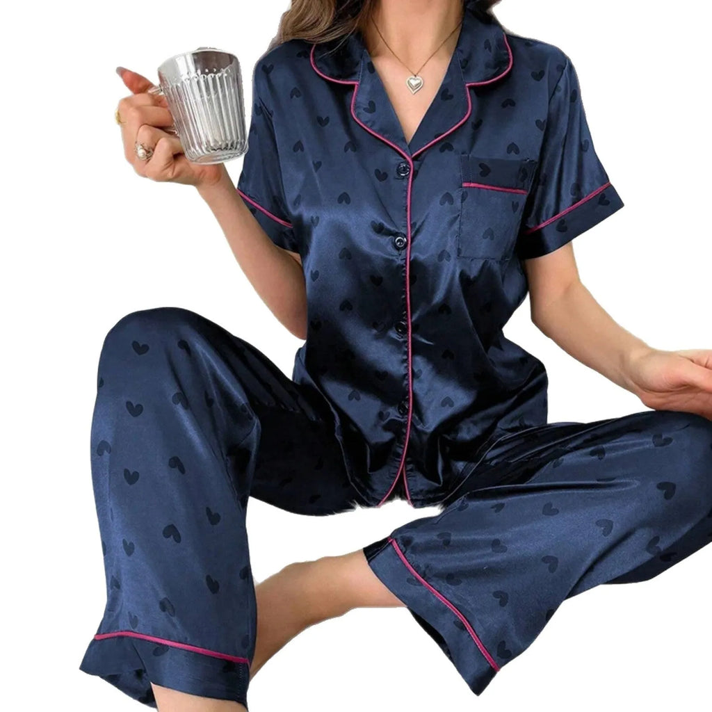 Women's printed short-sleeved pyjama set with trousers, 3D effect pattern, sizes XS to 5XL