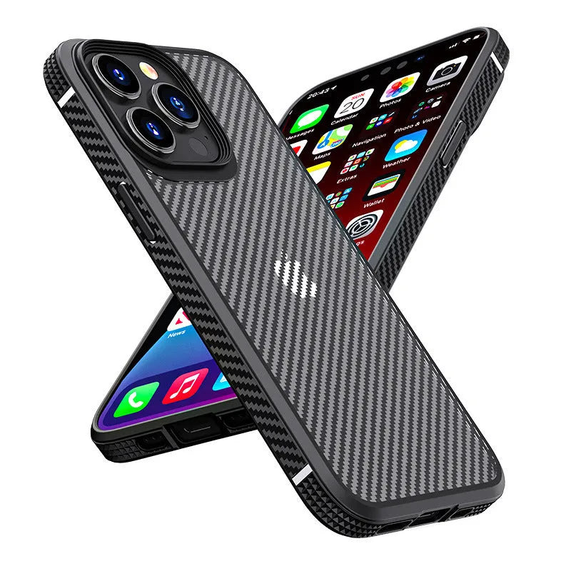 Black anti-fall protective back cover for iPhone 13 series with carbon fibre pattern