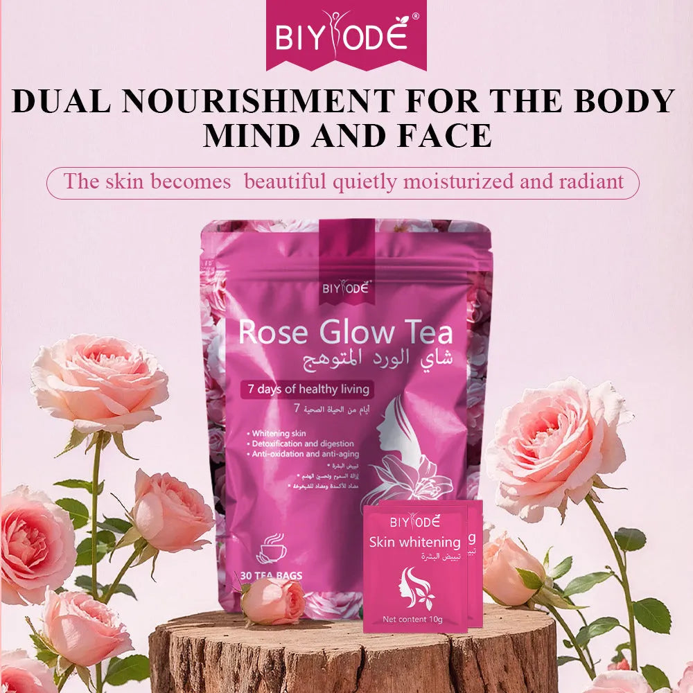 Rose Glow herbal supplement tea bag box with 30 tea bags and chrysanthemum ingredients for skin brightening