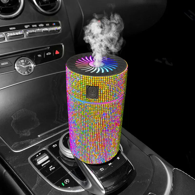 Compact car-mounted air purification humidifier unit on vehicle dashboard with USB power cord