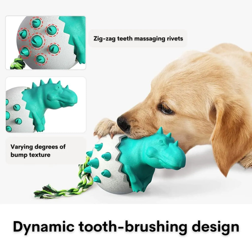 Blue durable dog chew toy with dinosaur design and attached rope for aggressive chewers.