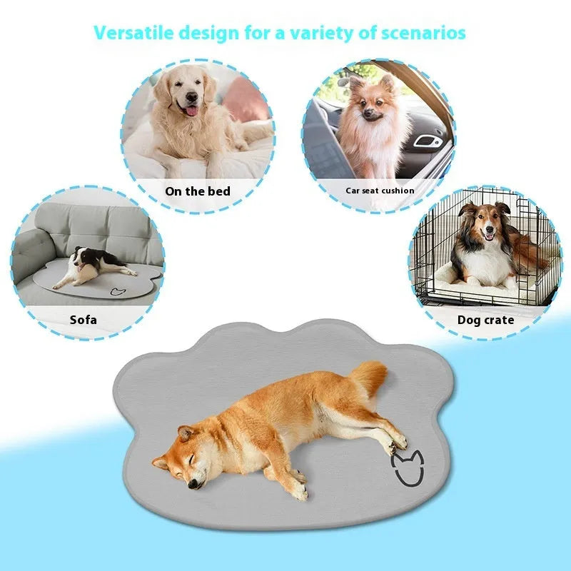 Light grey dog head shaped ice silk cooling mat for pets on a wooden floor
