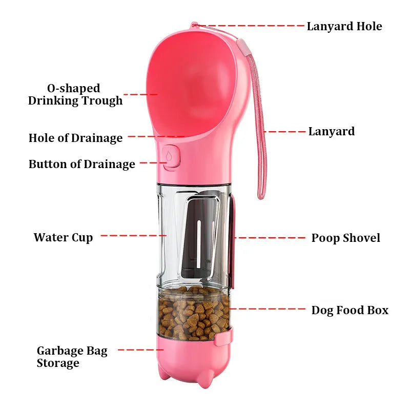 300ml multi-functional pet water bottle in yellow with side poop shovel and bottom garbage bag compartment