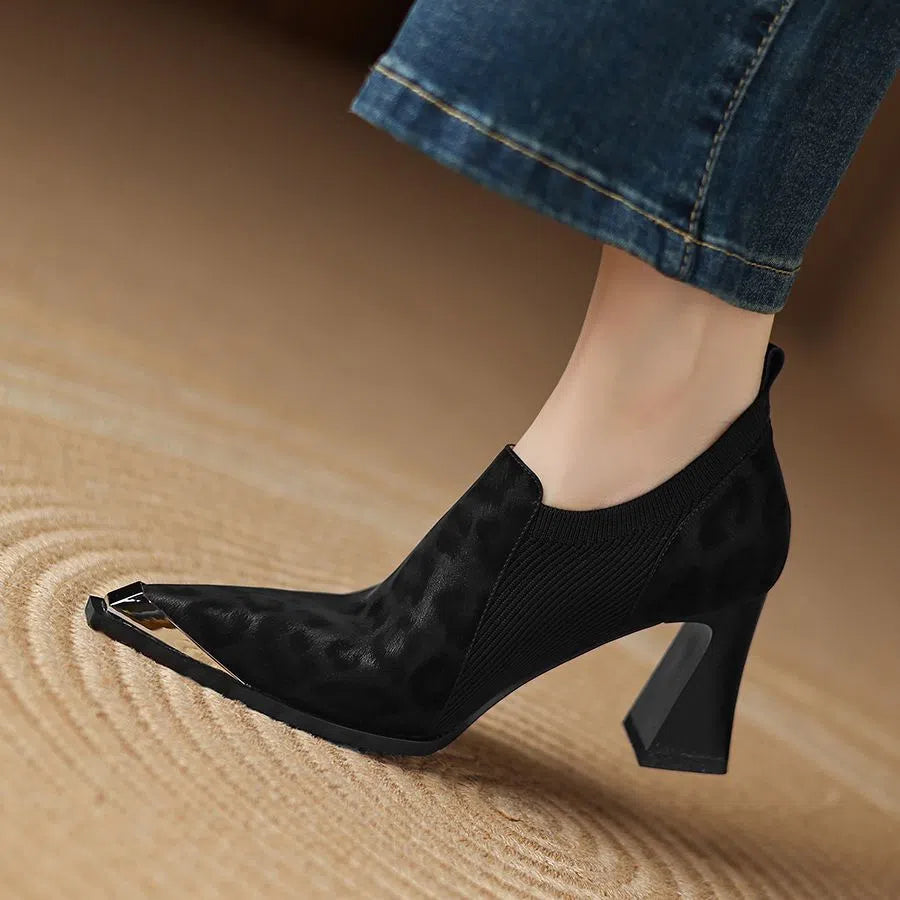 Women's leopard print high heels with chunky heel, pointed toe, PU upper, black or brown, sizes 35-40