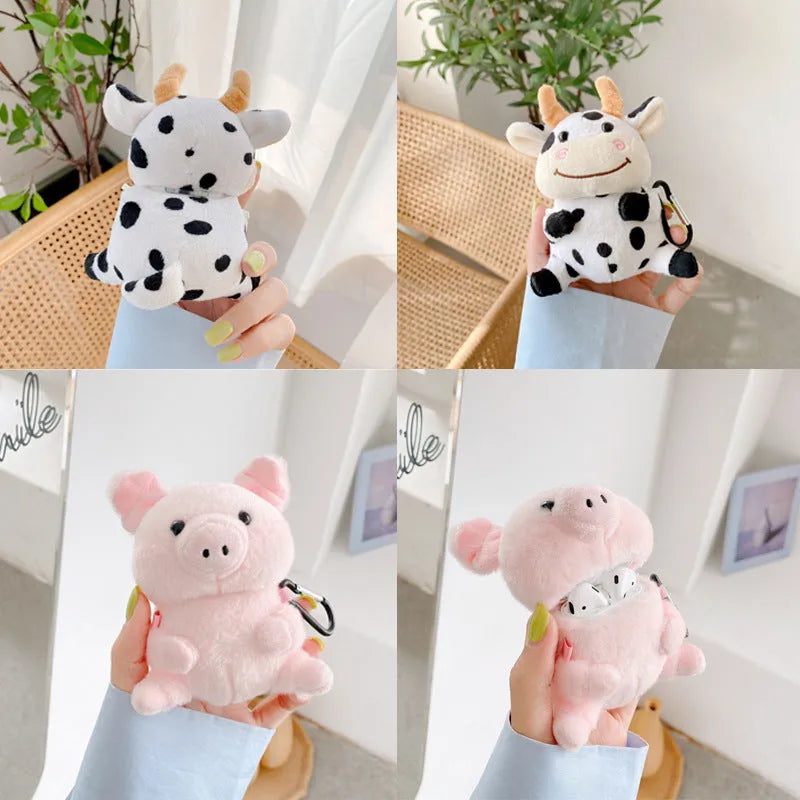 Pink pig cartoon plush earphone case for Apple AirPods 1 and 2, PC back cover shell with injection moulded design